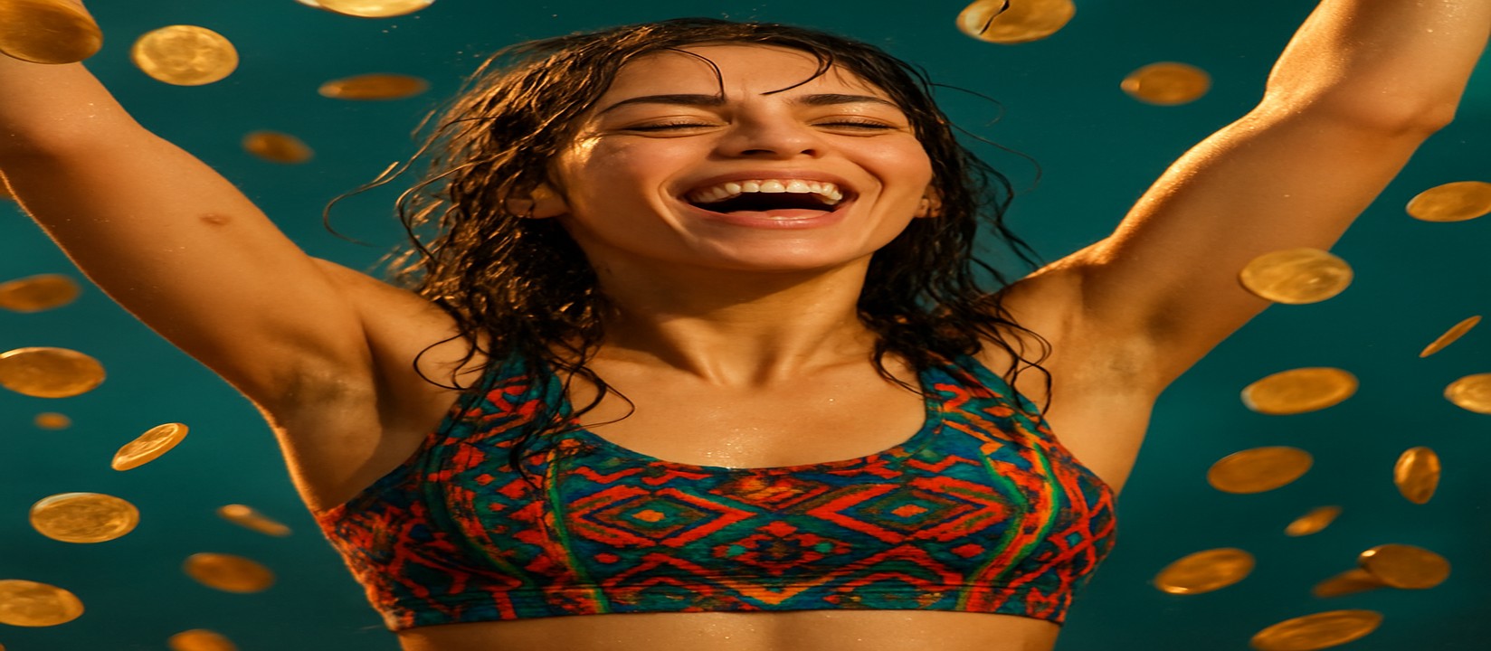 b999 মুদ্রার ঝরনার মাঝে রঙিন পোশাকে এক নারী